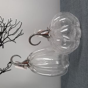 Pumpkin Set Clear Crackle Glass Silver Stem Contemporary Gorgeous Harvest Mantle